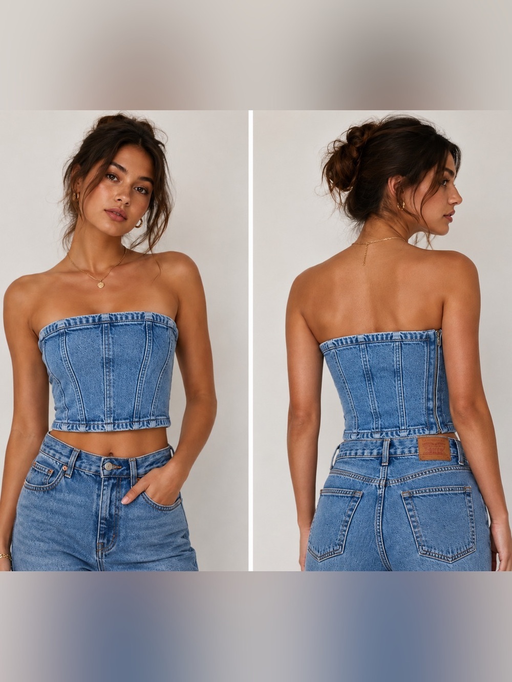 Zara Denim Corset Tube Top XS Light Wash Strapless Y2K Coquette Bustier Festival